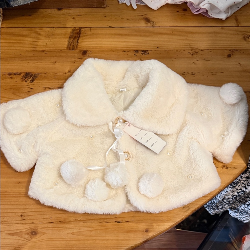 Baby Girls Cream Faux Fur Pom-Pom Jacket
